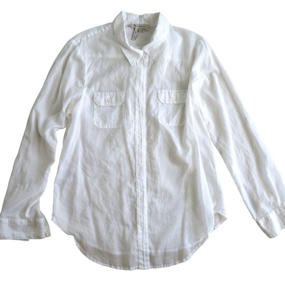 BCBG Sheer White Cotton Blouse Large Button Up Roll Tab Long Sleeves - Picture 6 of 9